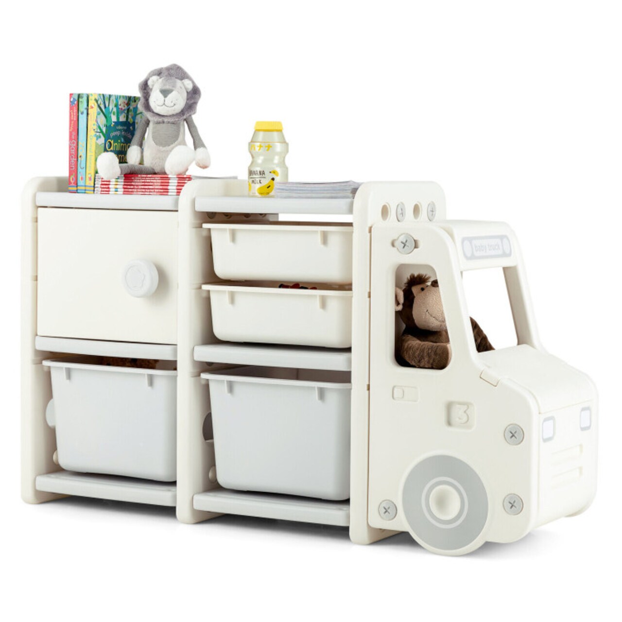 Grey Kids Truck Storage Organizer with Plastic Bins and Storage Cabinet